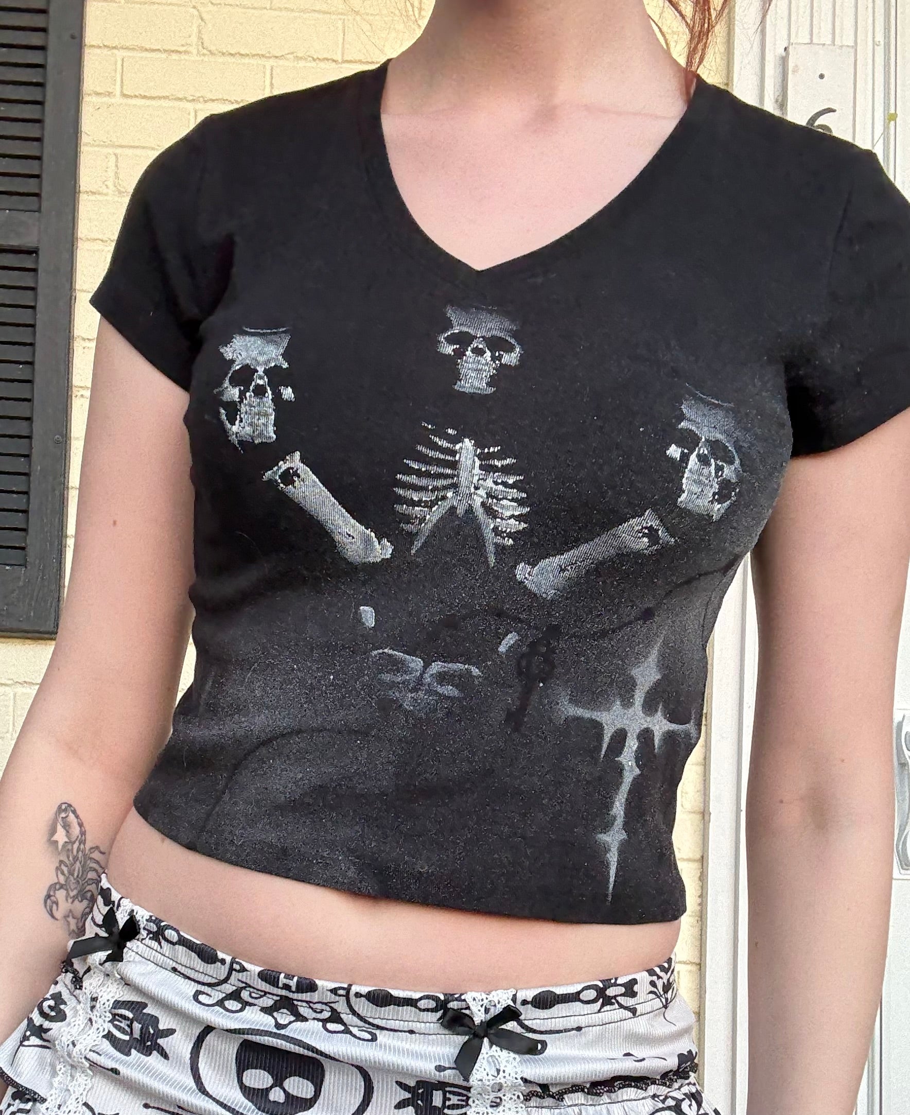 Handmade Cross & Skull Black Crop Top