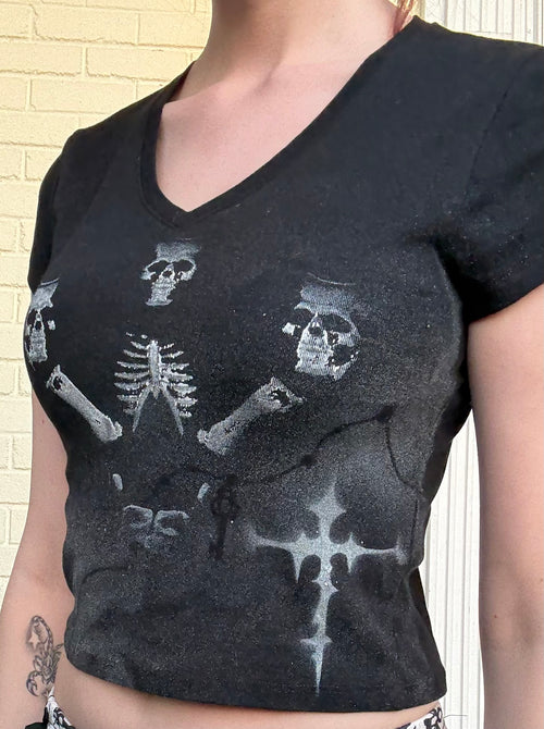 Handmade Cross & Skull Black Crop Top