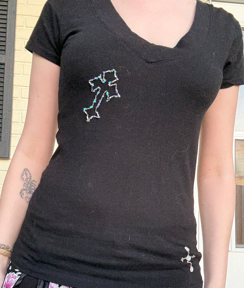 Hand Embroidered Cross Black Tee