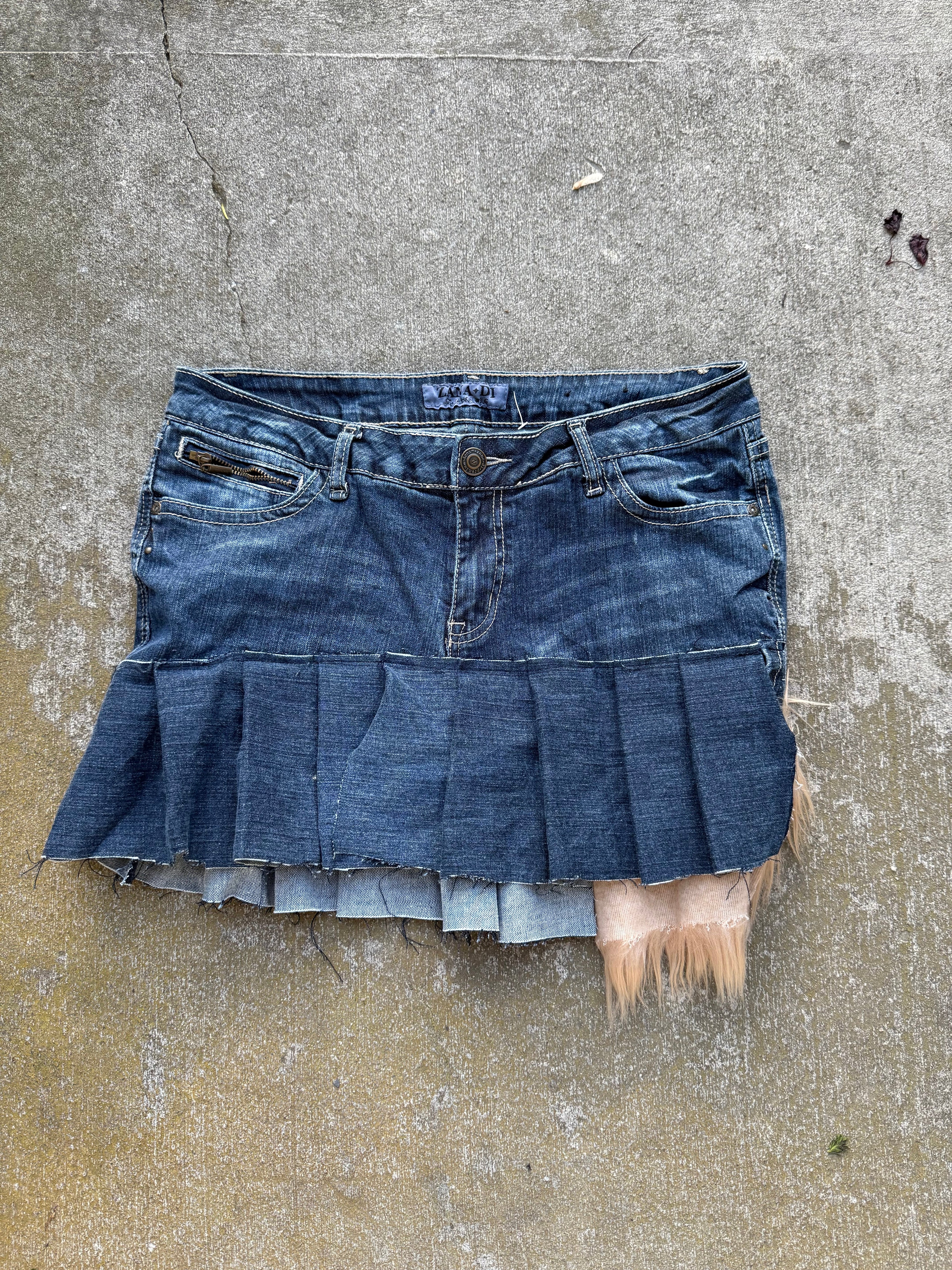 Handmade Fur & Ruffle Denim Miniskirt