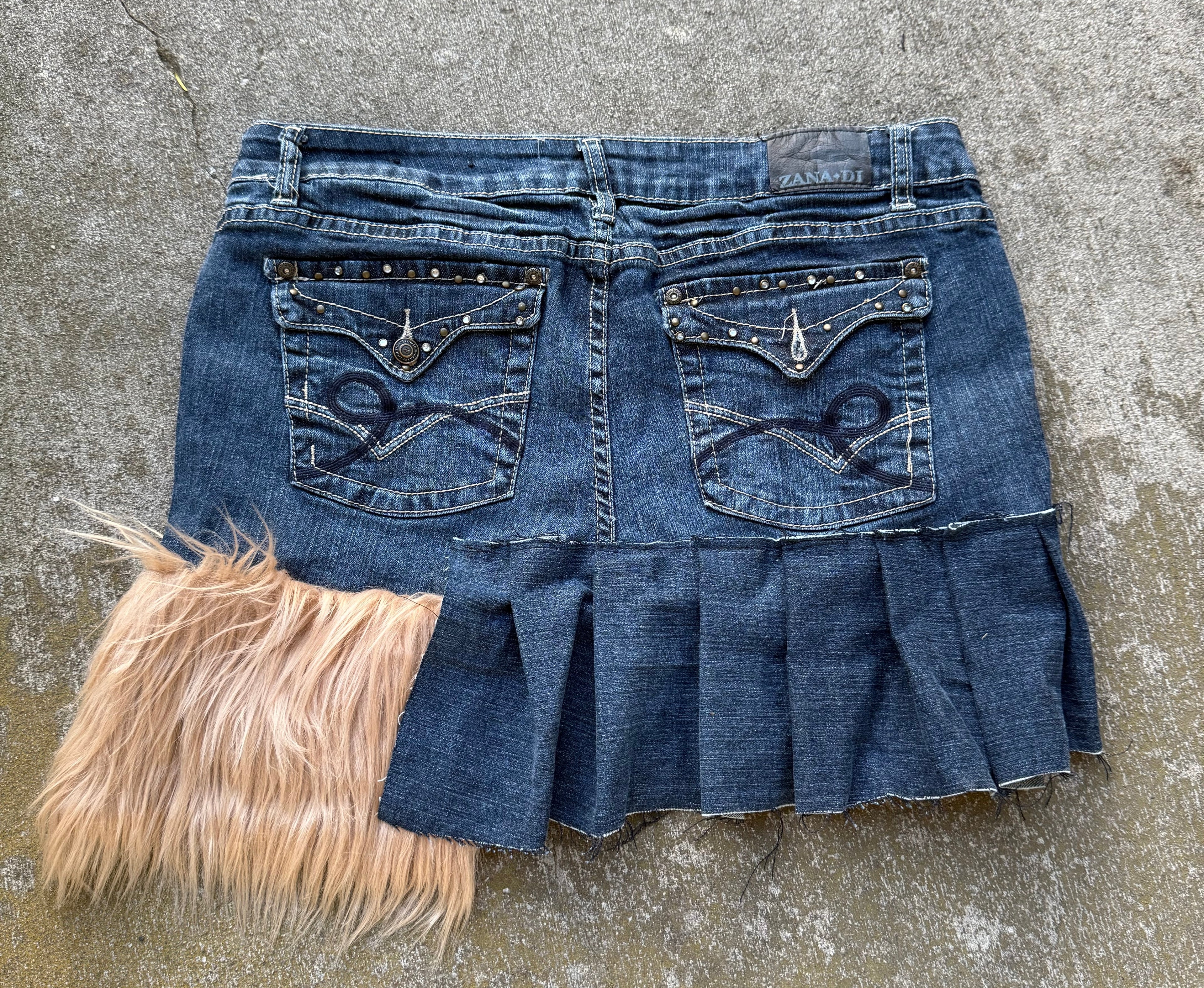 Handmade Fur & Ruffle Denim Miniskirt